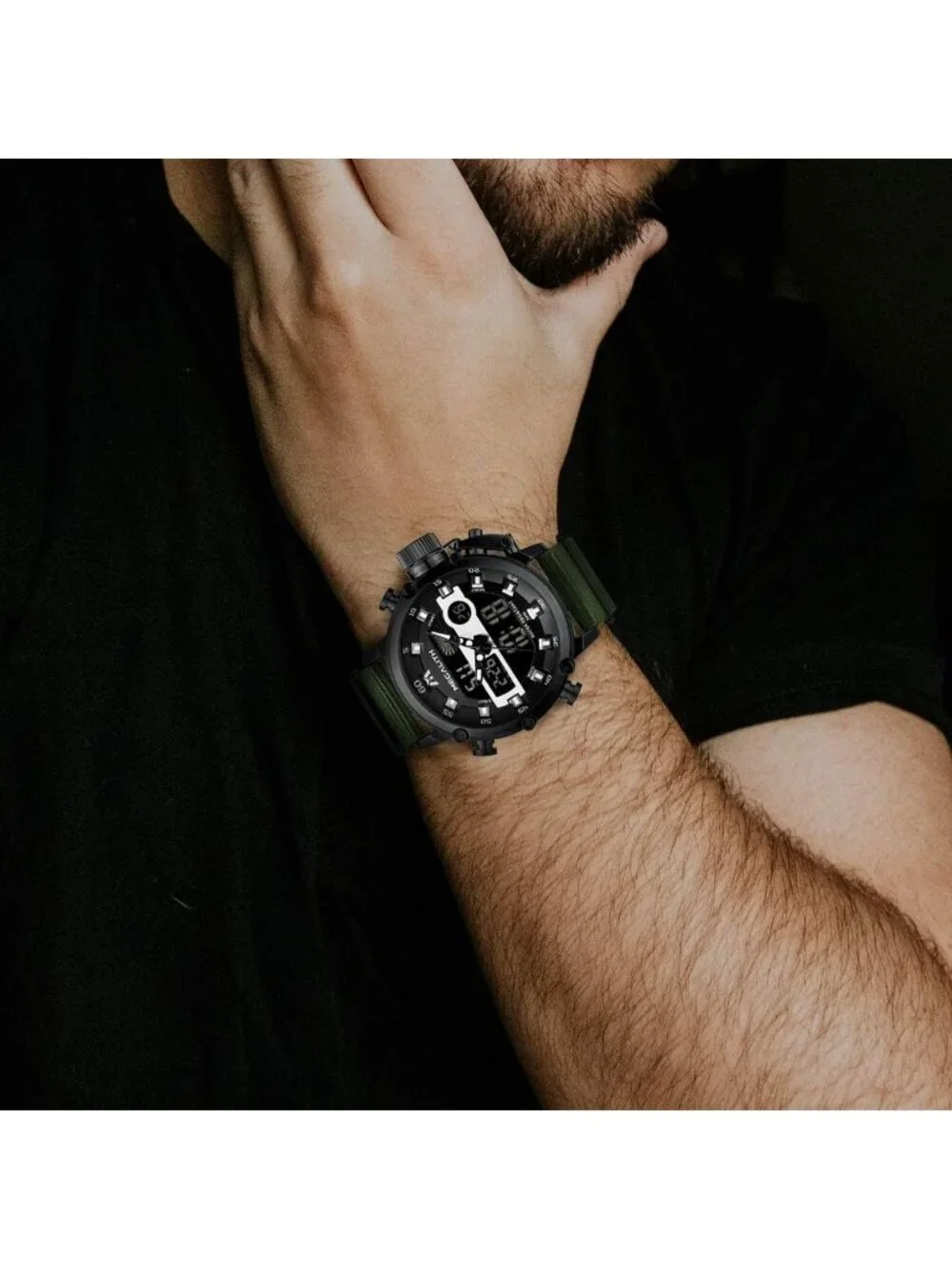 Men's Green And Black Analog Nylon Strap Waterproof Multifunction Digital Watch